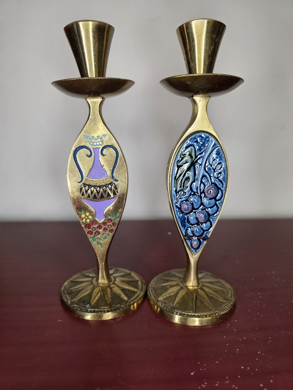 Vintage Israeli Brass Enamel Candlesticks | Mid Century Mediterranean Decor |